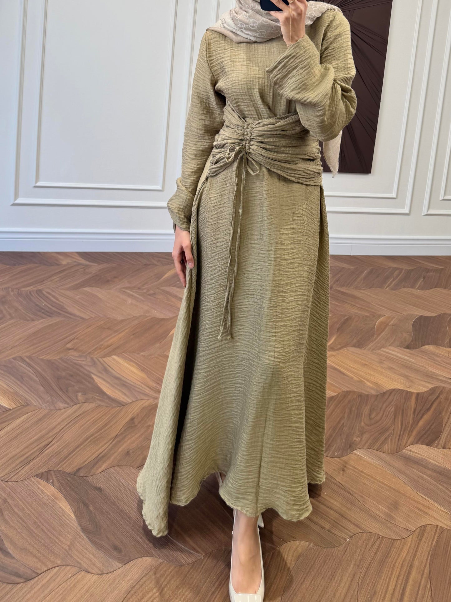 Khaki Ruched Drawstring Waist Maxi Dress with Flared Sleeves