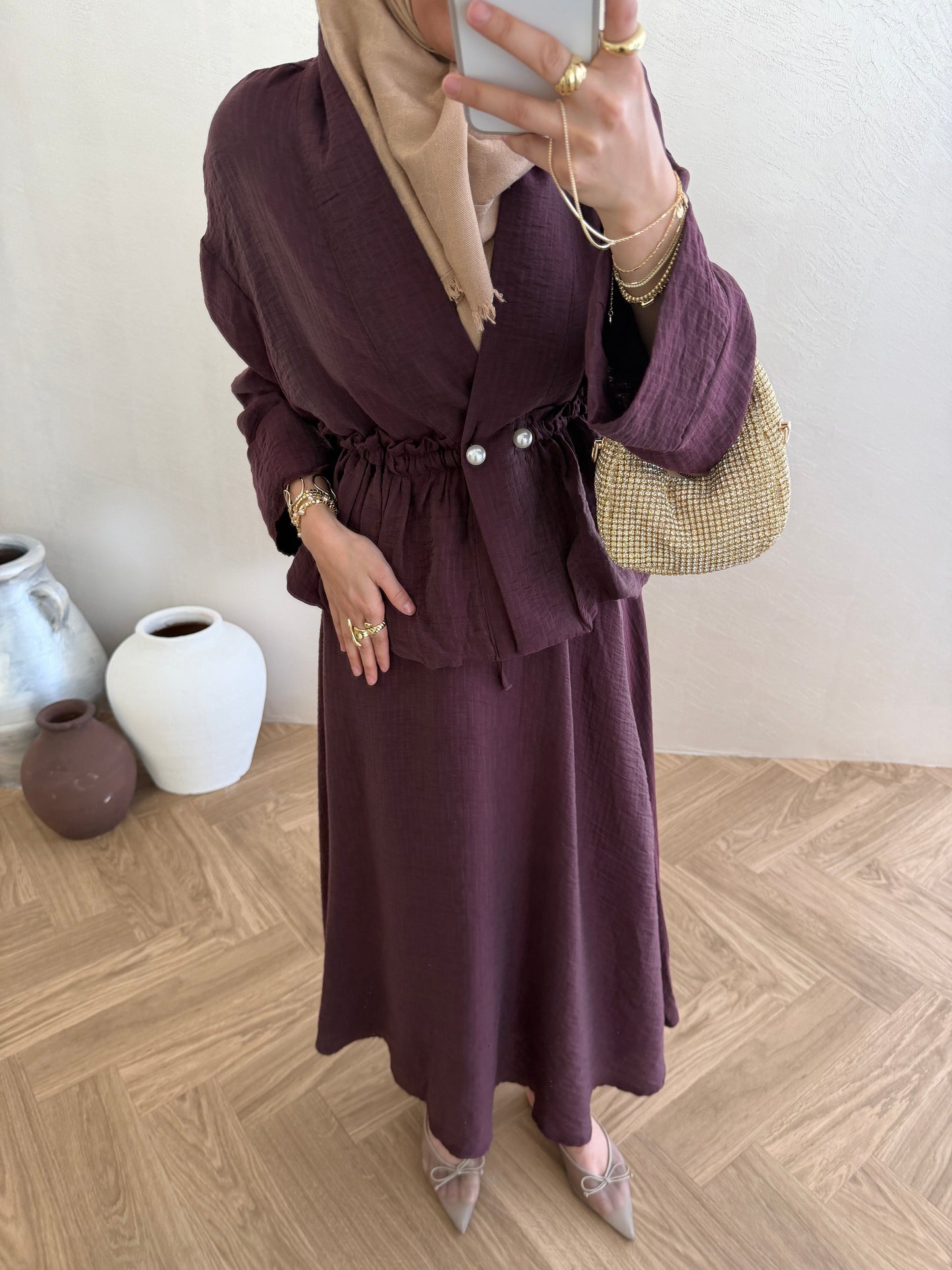 Burgundy Pearl-Button Vual Co-ord Set — Modest Blouse & Maxi Skirt