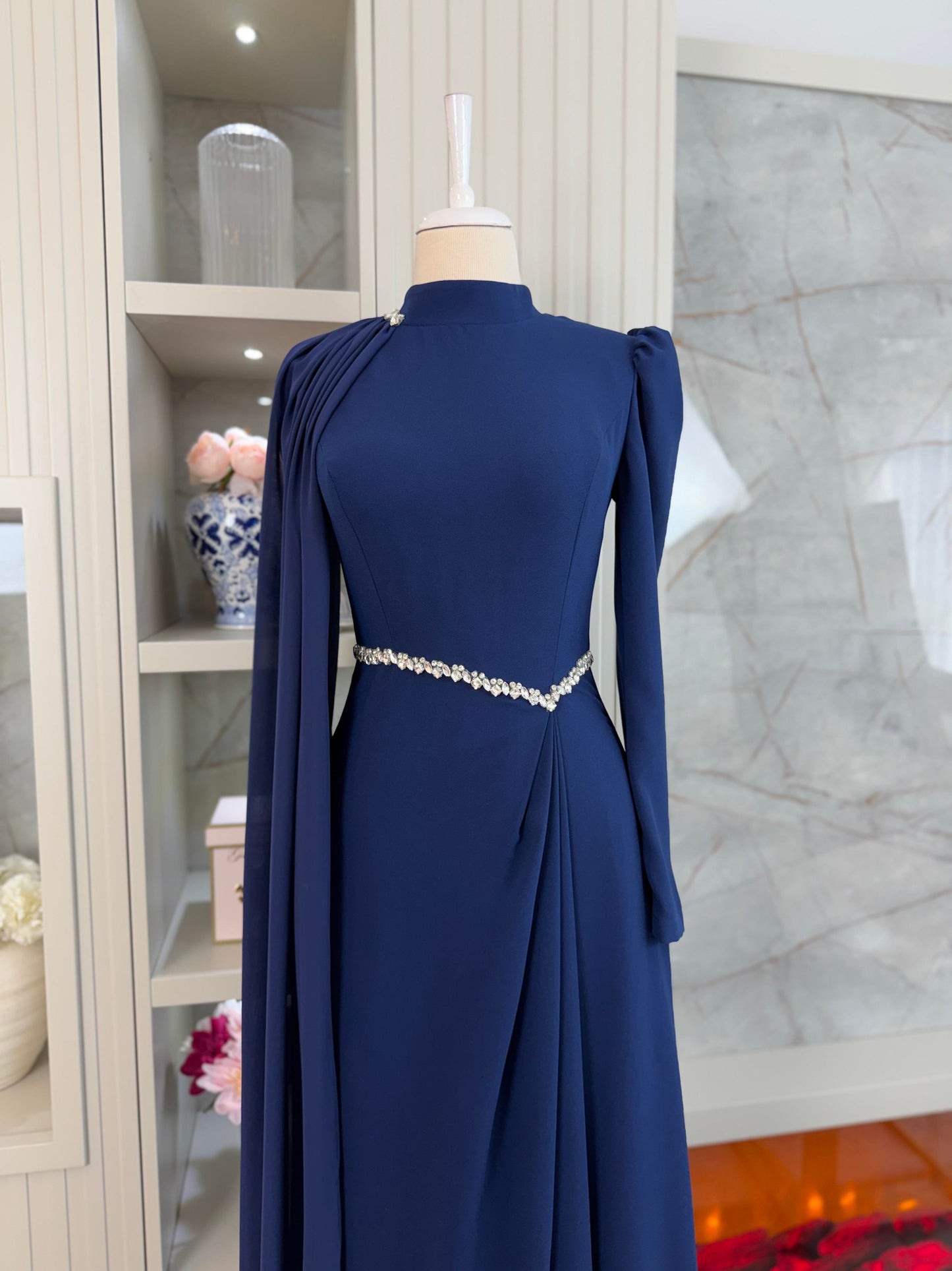 Lucy Navy Blue Pleated Gown | Stone Embellished Cape & Belted Maxi Dress
