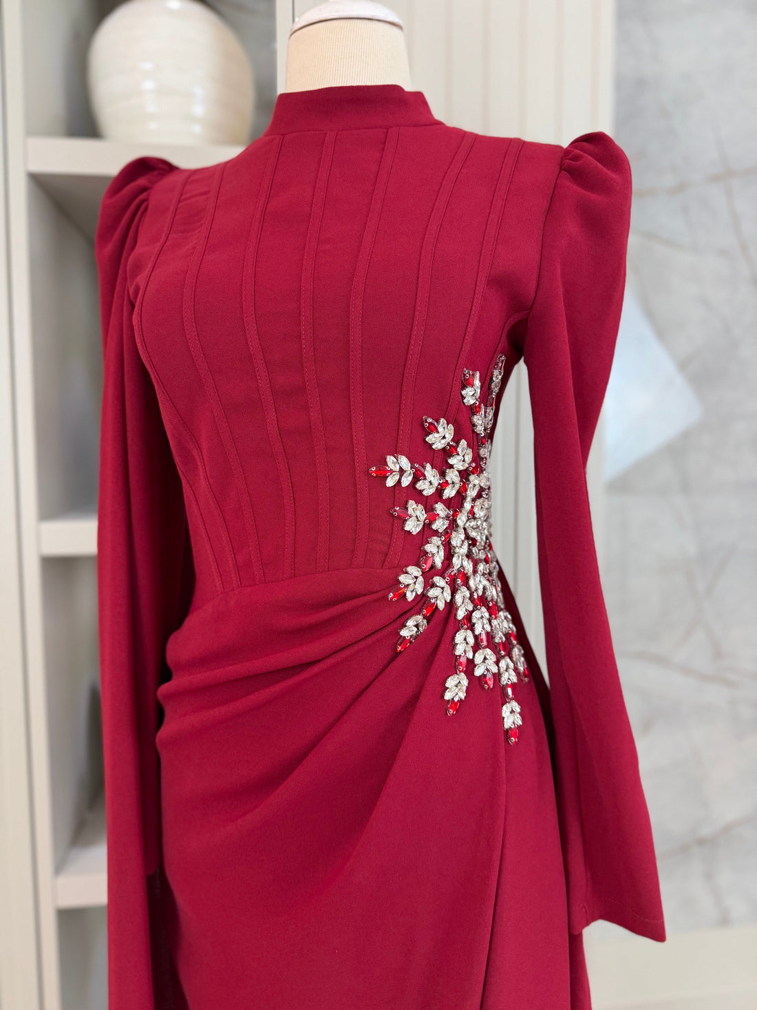 Burgundy Beaded Long Sleeve Evening Gown