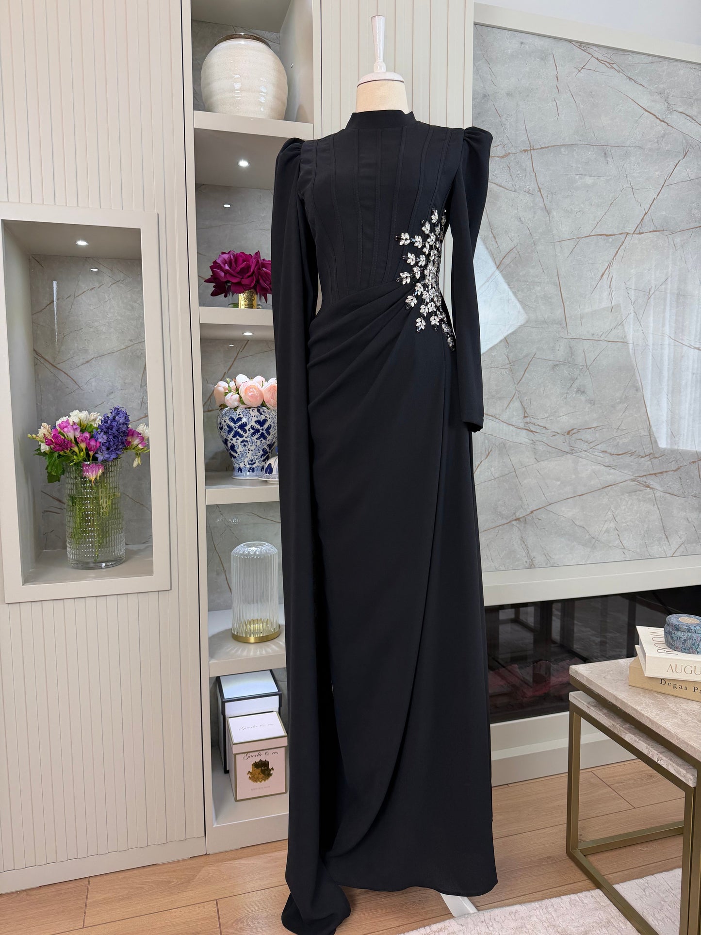 Black Beaded Long Sleeve Evening Gown