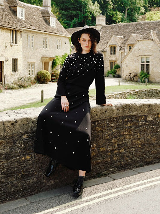 Metal-Appliqué Flared Skirt- Black