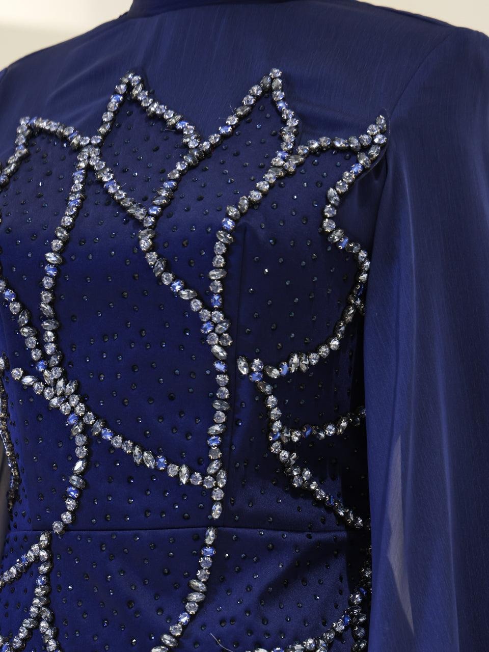 Bloomsbury Chiffon & Satin Evening Dress - Navy Blue