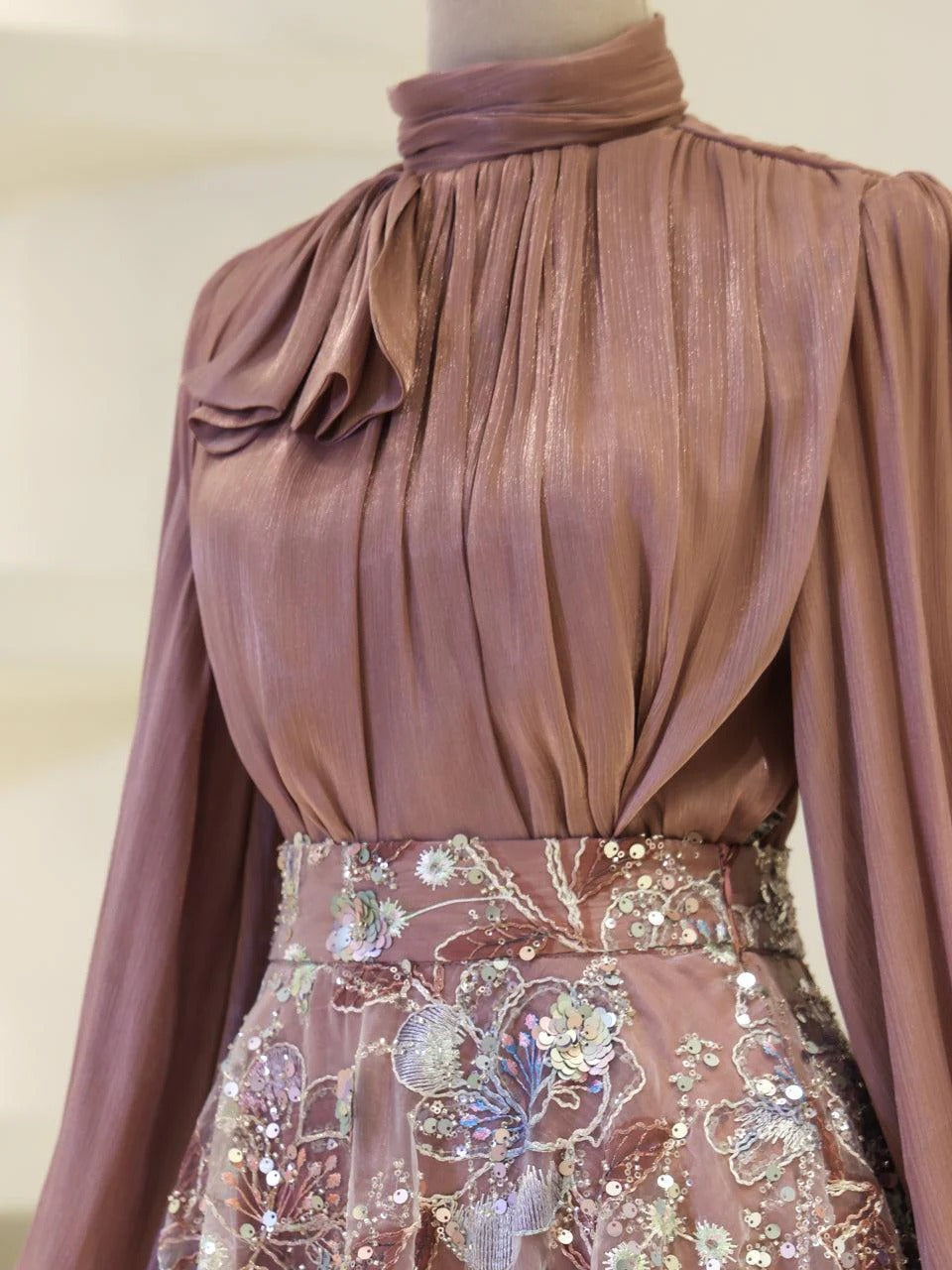 Lisbonne Orchid & Embroidery Modest Evening Gown - Rose