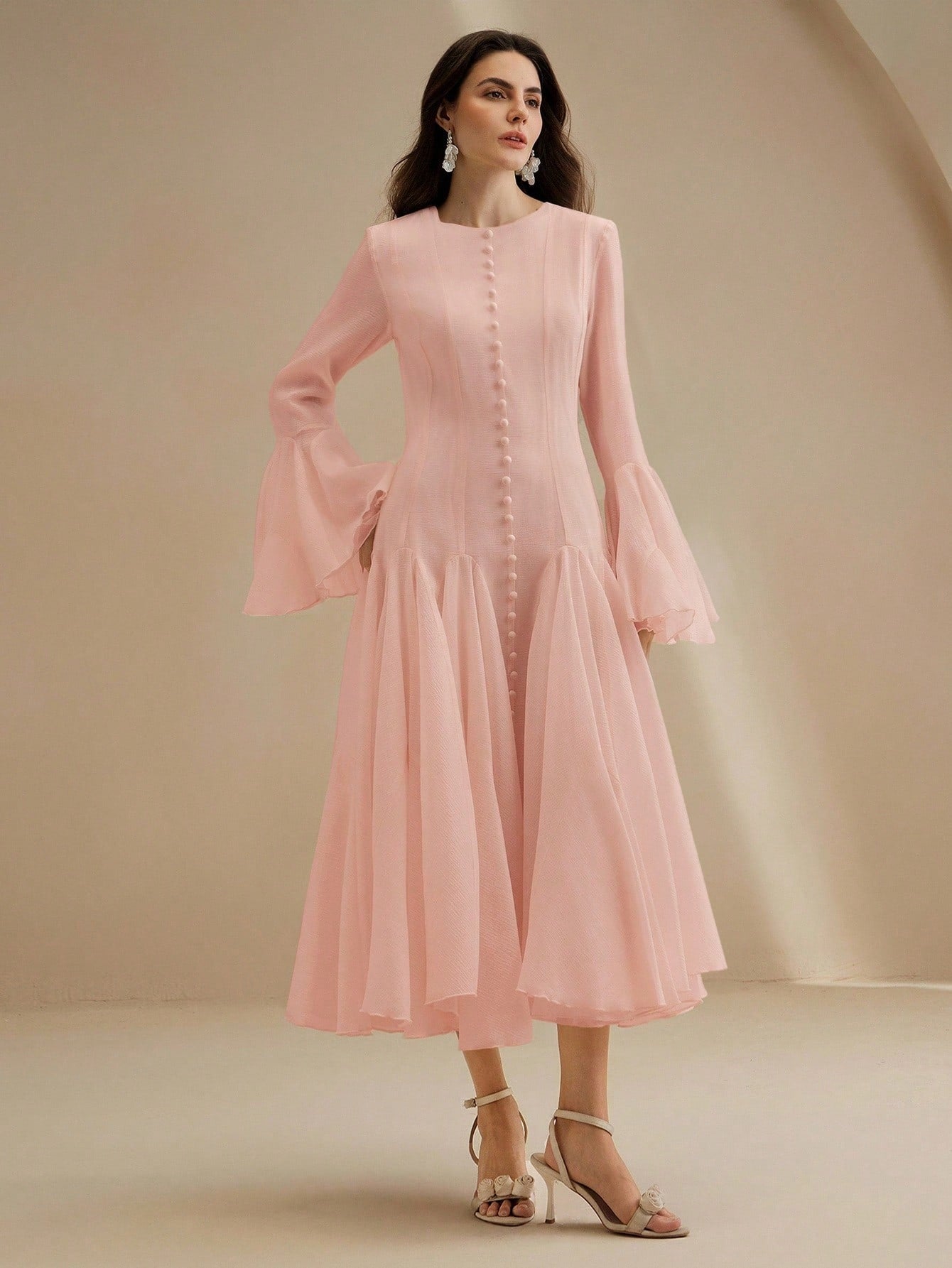 Pink Long‑Sleeve Flared Midi Dress with Button Flare Sleeves
