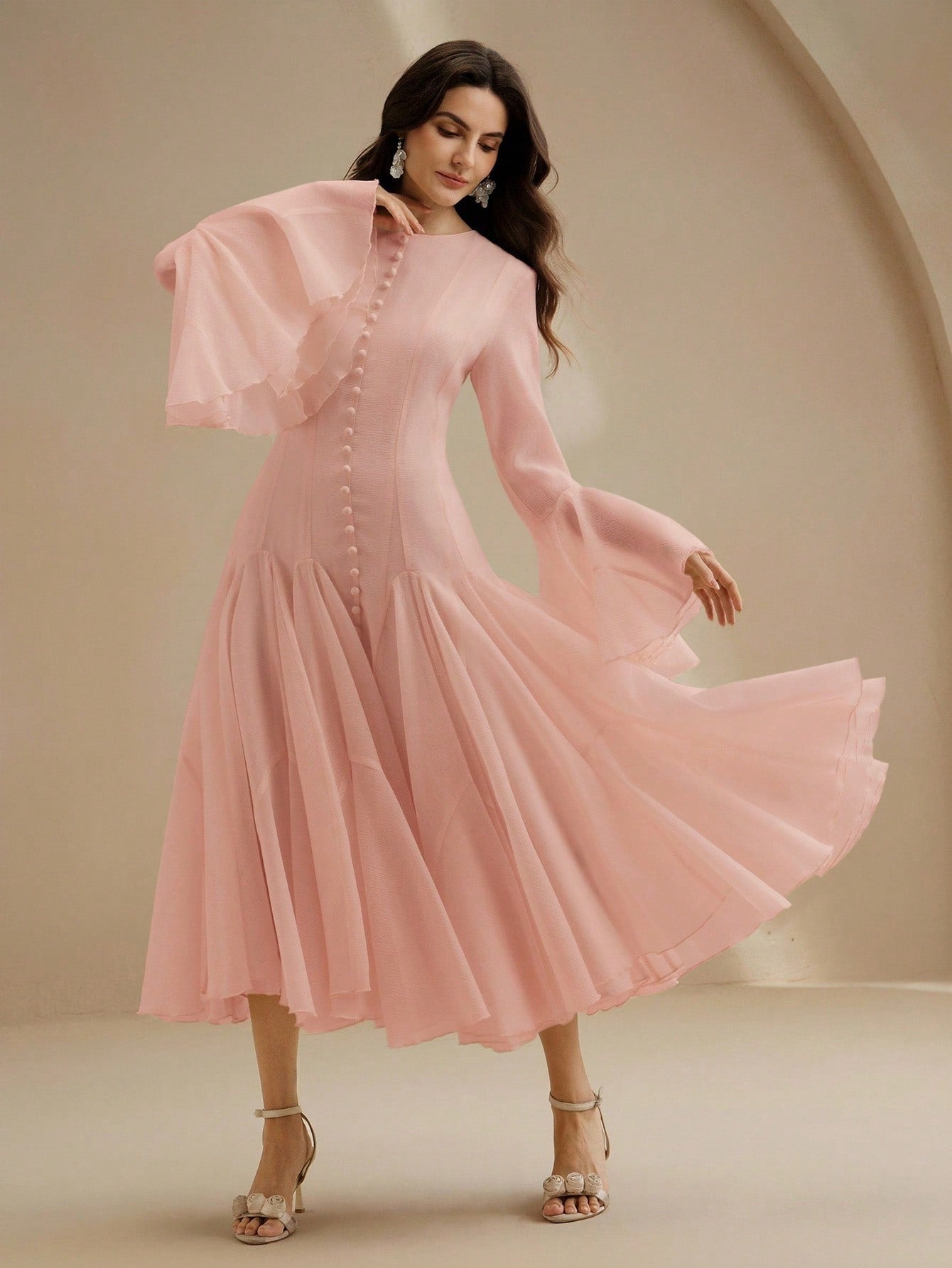 Pink Long‑Sleeve Flared Midi Dress with Button Flare Sleeves