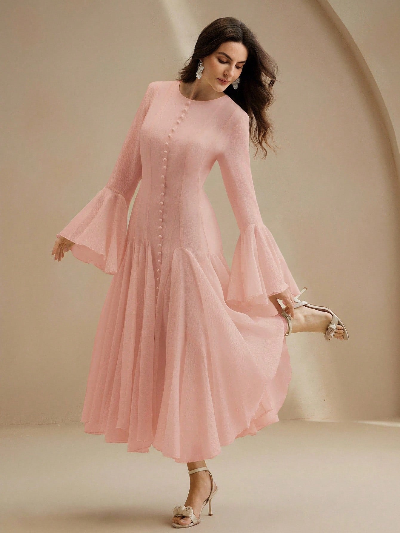 Pink Long‑Sleeve Flared Midi Dress with Button Flare Sleeves