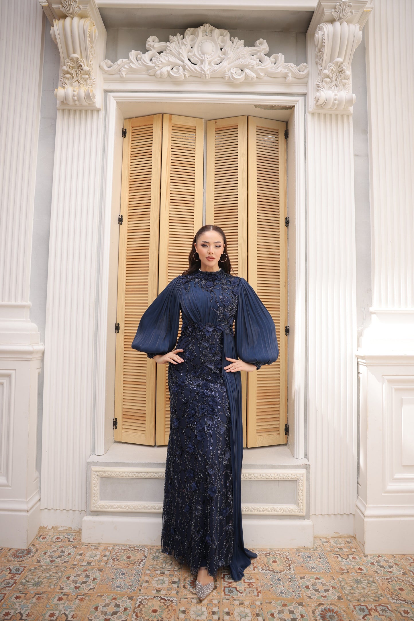 Roxanne Beaded Modest Evening Gown - Navy Blue