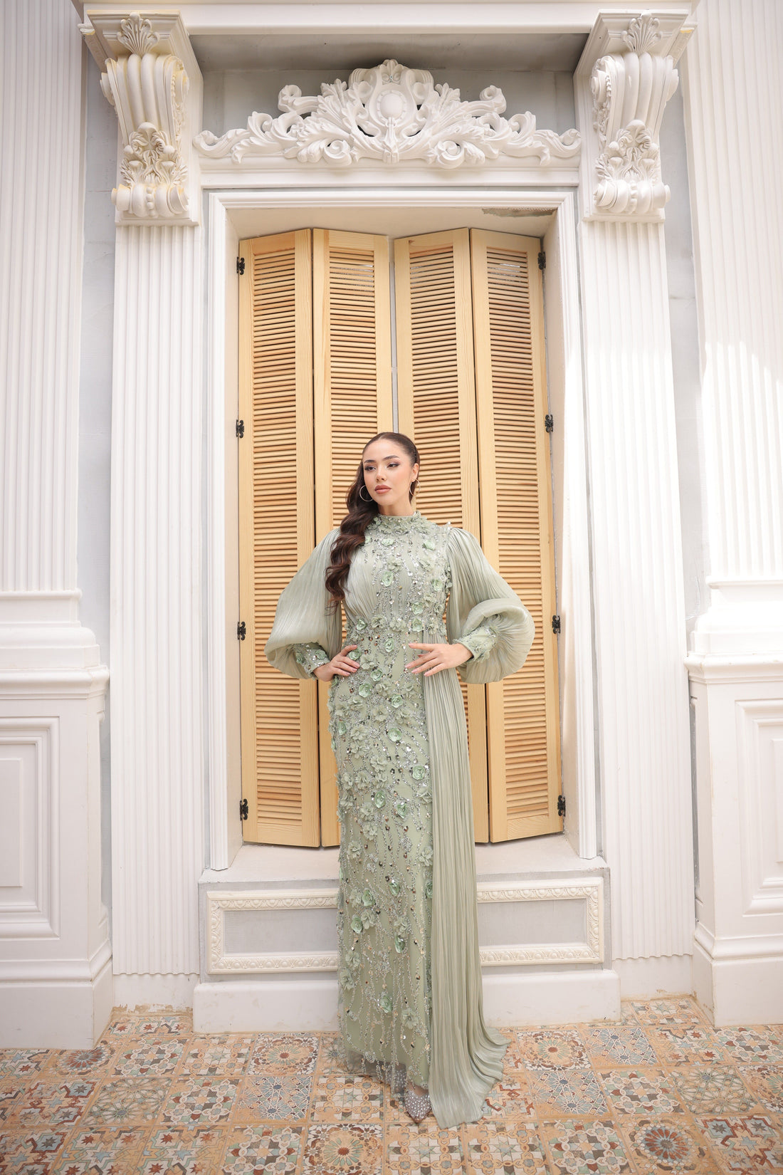Roxanne Beaded Modest Evening Gown - Mint