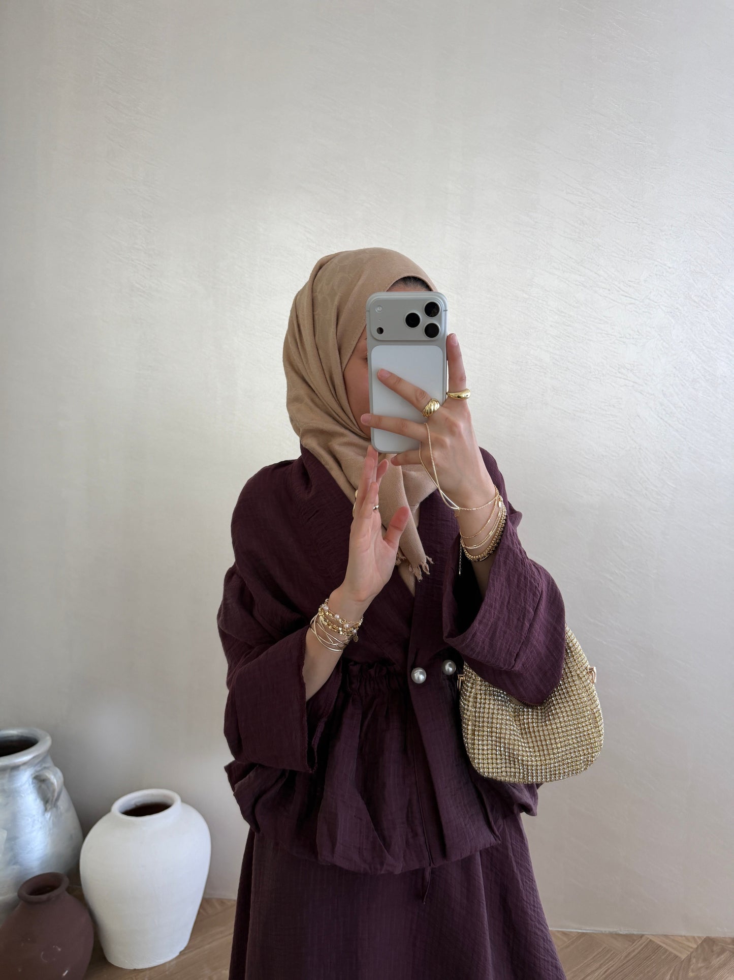 Burgundy Pearl-Button Vual Co-ord Set — Modest Blouse & Maxi Skirt