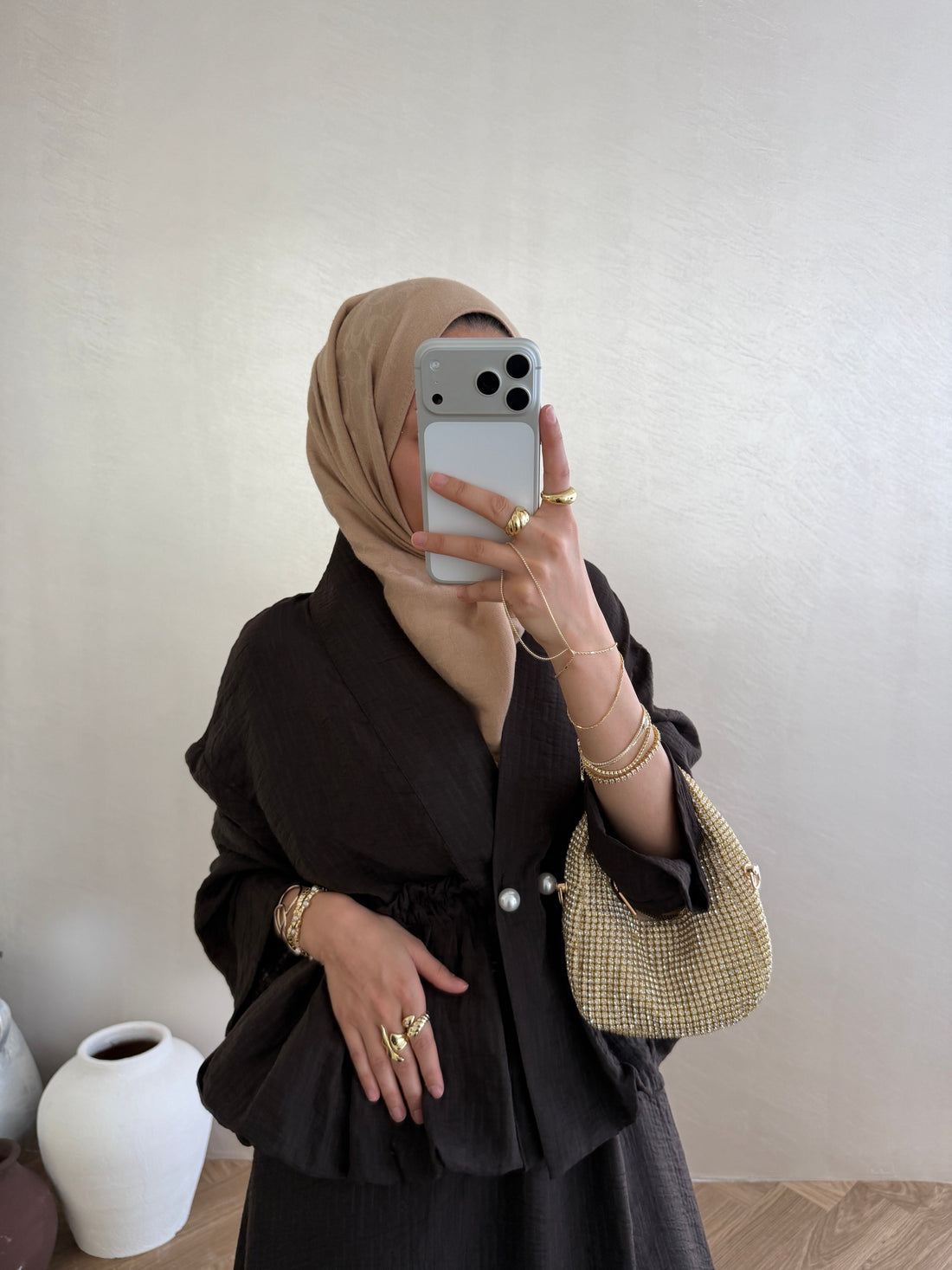 Brown Pearl-Button Vual Co-ord Set — Modest Blouse & Maxi Skirt