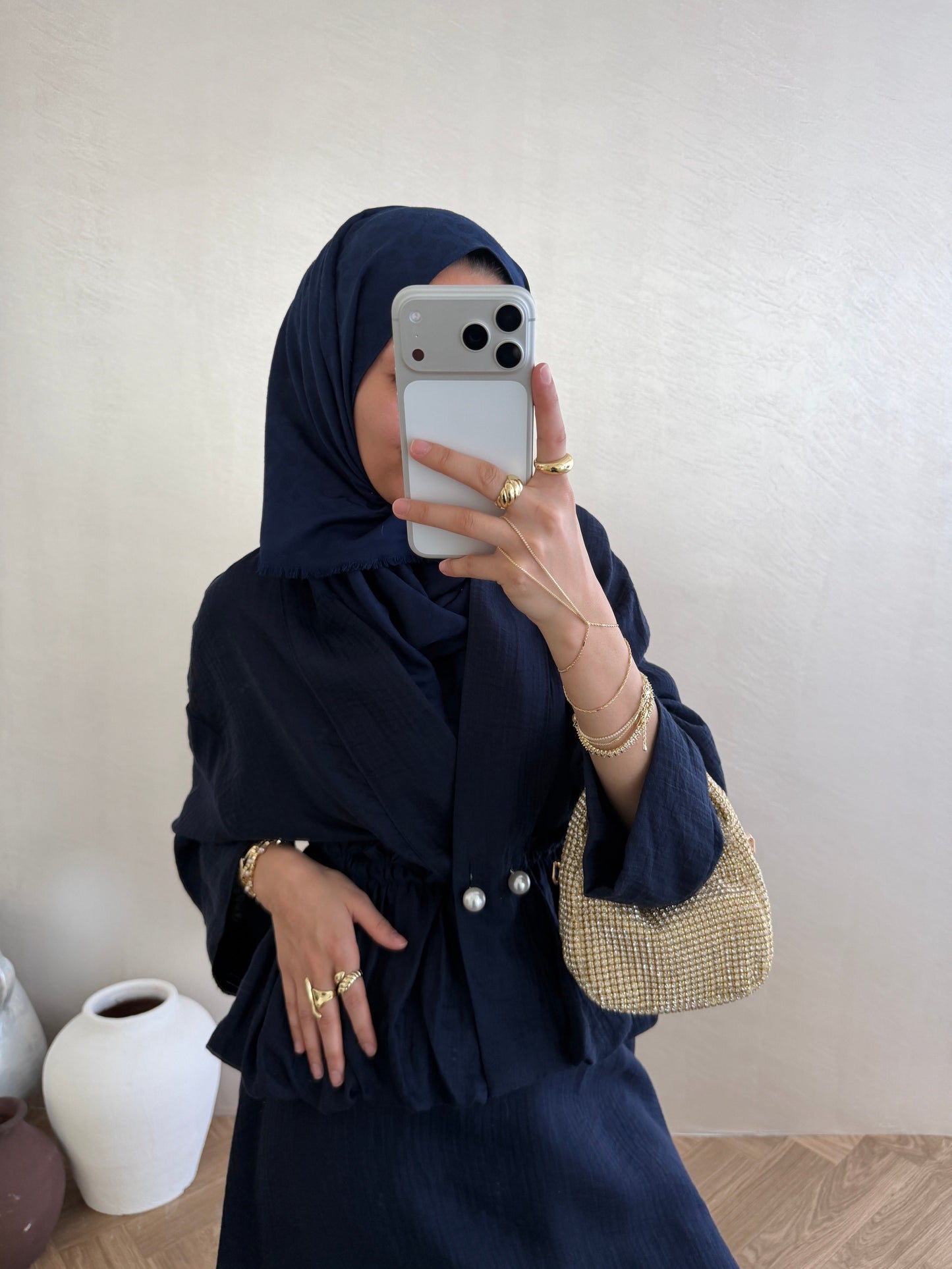 Navy Blue Pearl-Button Vual Co-ord Set — Modest Blouse & Maxi Skirt