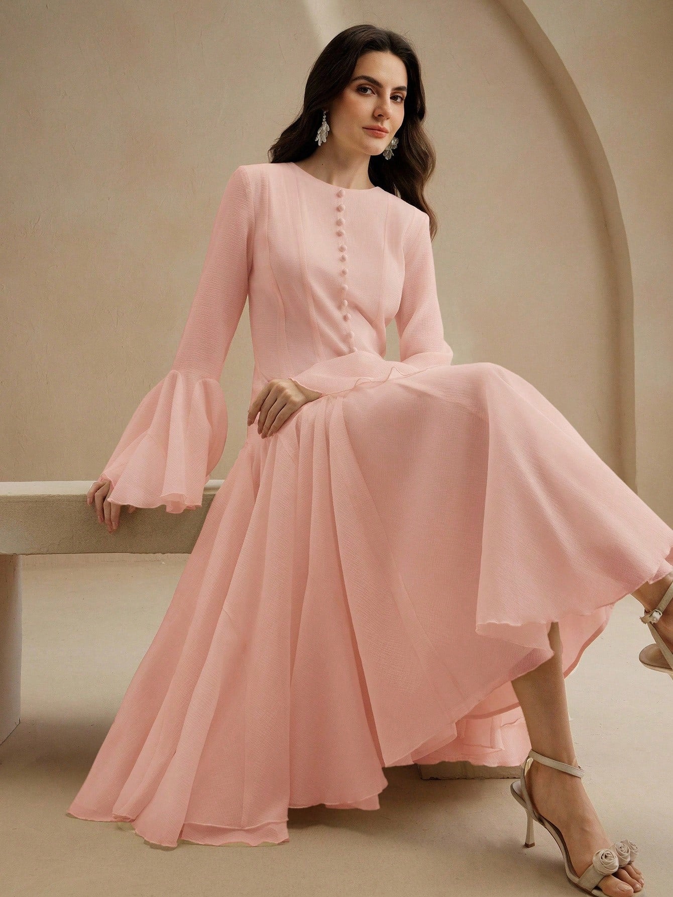 Pink Long‑Sleeve Flared Midi Dress with Button Flare Sleeves