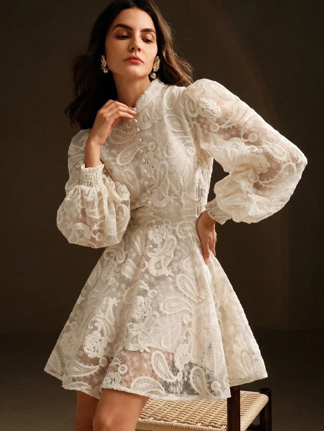 Stand‑Collar Mesh Embroidered Lantern‑Sleeve Dress – White