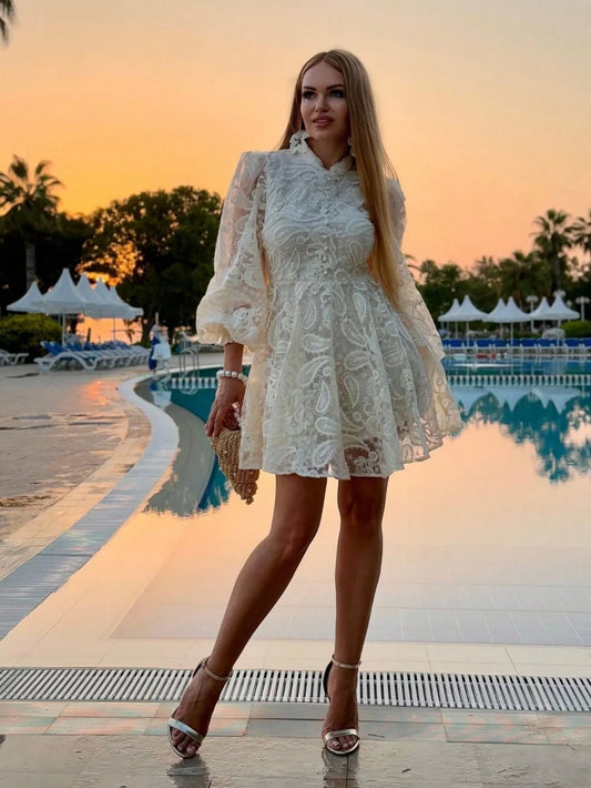 Stand‑Collar Mesh Embroidered Lantern‑Sleeve Dress – White