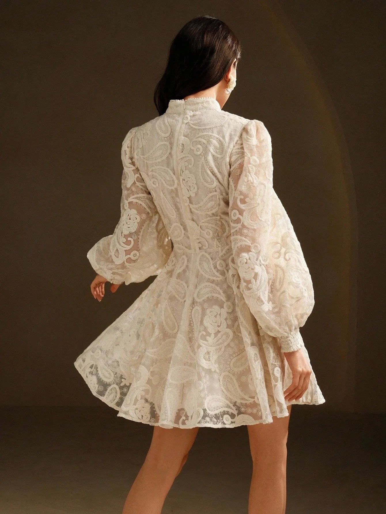 Stand‑Collar Mesh Embroidered Lantern‑Sleeve Dress – White