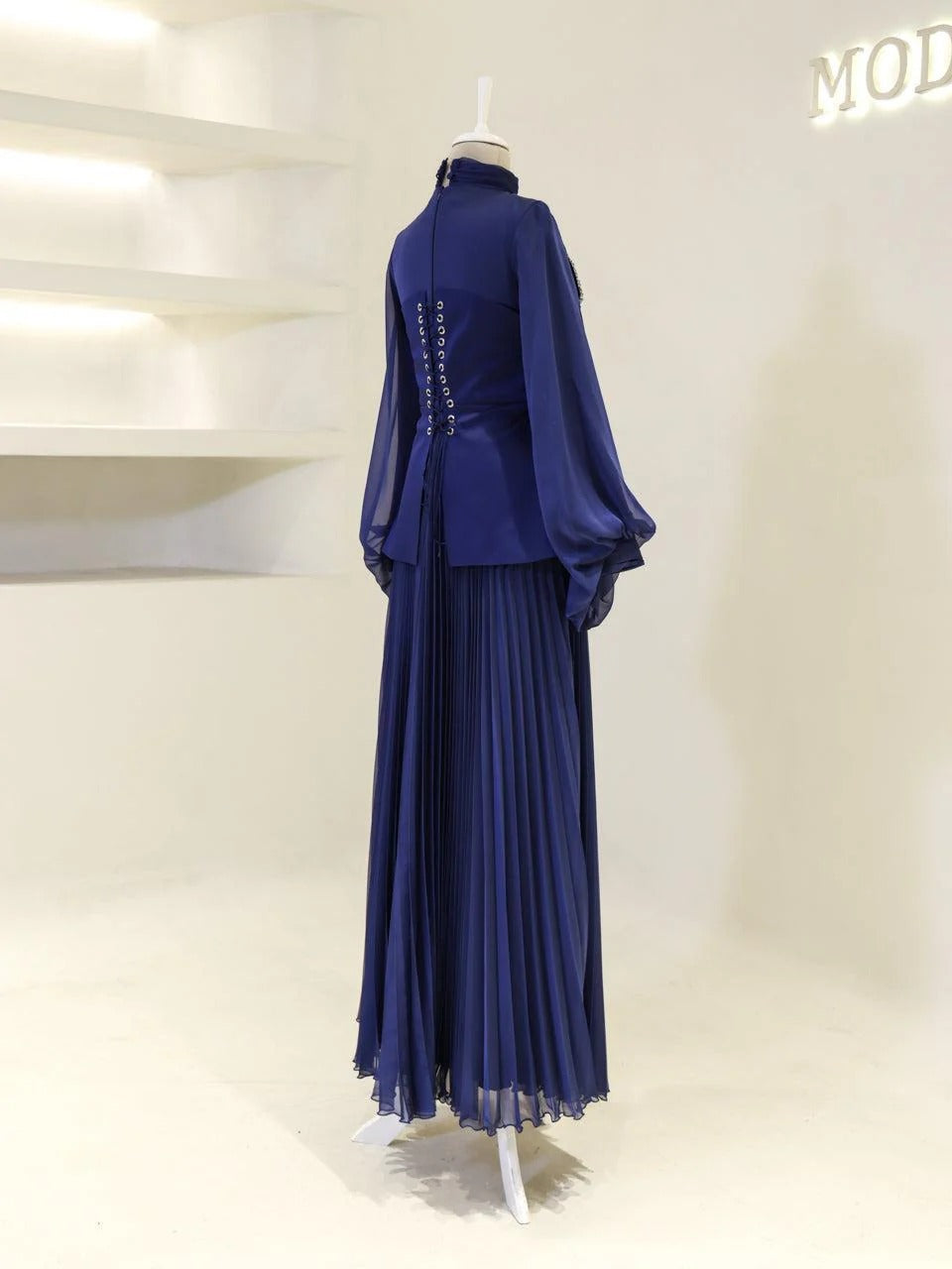 Bloomsbury Chiffon & Satin Evening Dress - Navy Blue