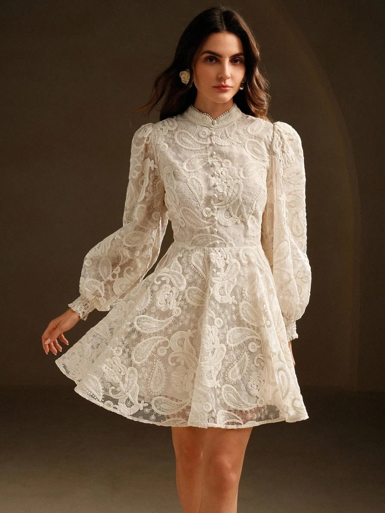 Stand‑Collar Mesh Embroidered Lantern‑Sleeve Dress – White