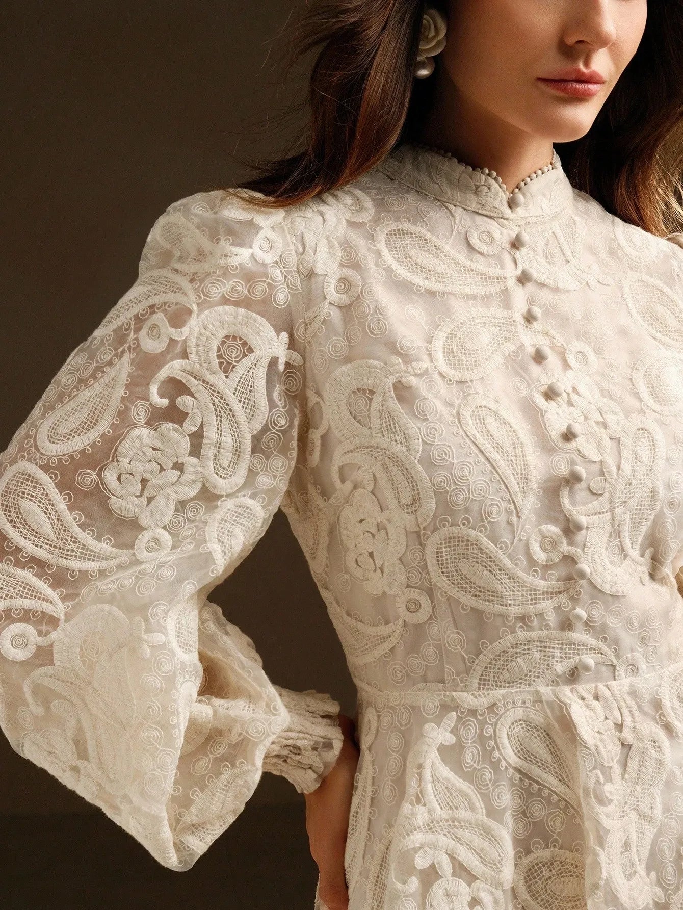 Stand‑Collar Mesh Embroidered Lantern‑Sleeve Dress – White