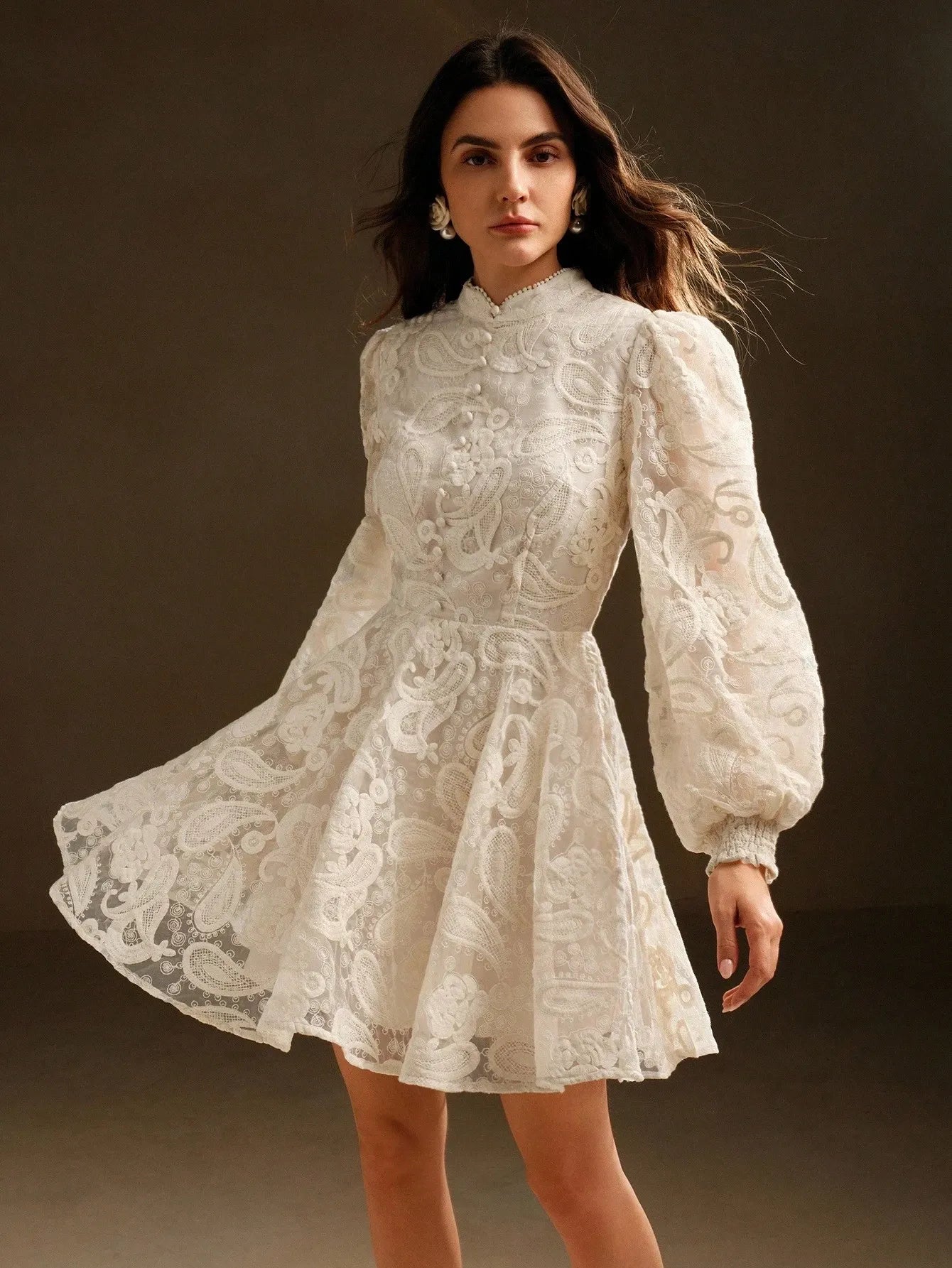 Stand‑Collar Mesh Embroidered Lantern‑Sleeve Dress – White