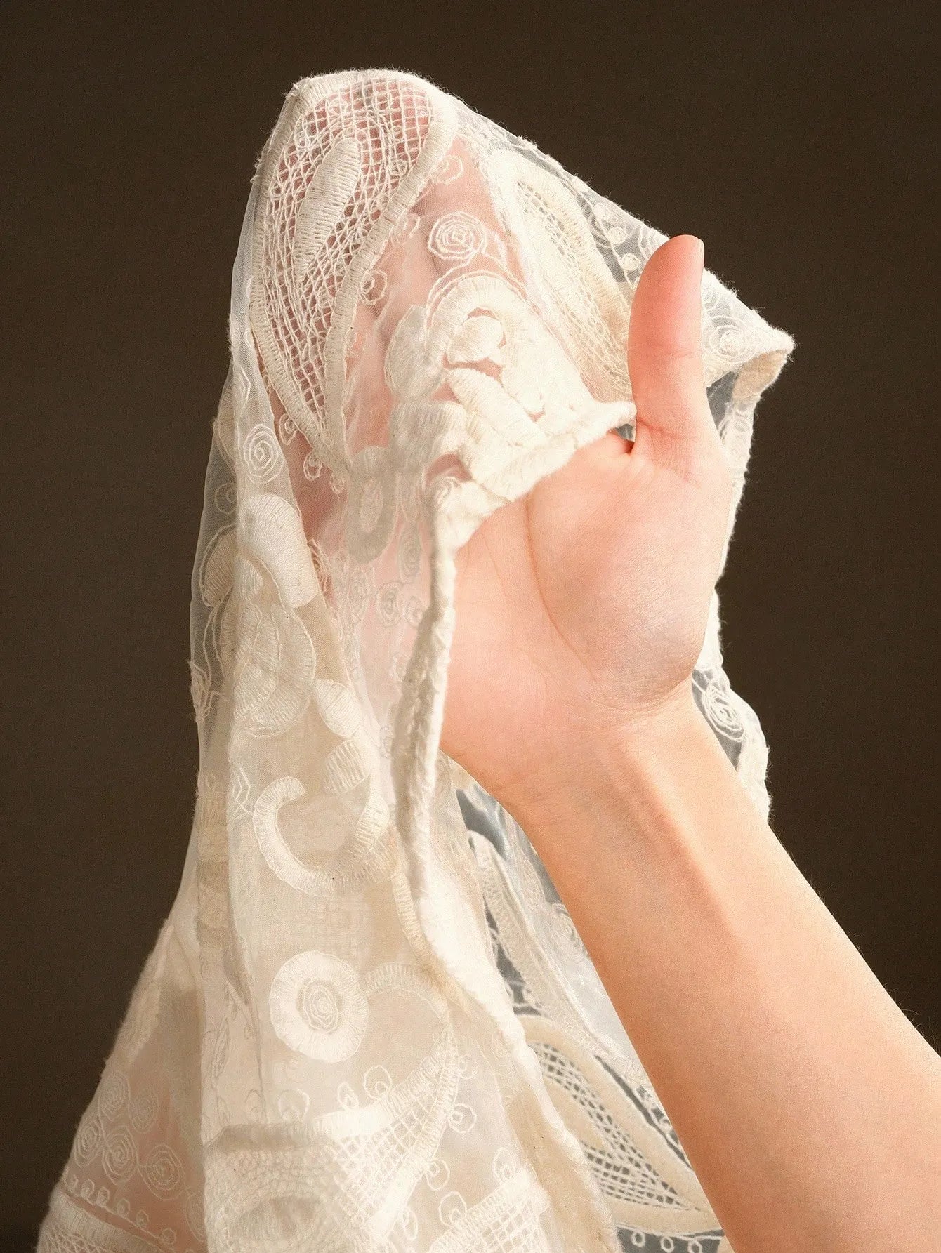 Stand‑Collar Mesh Embroidered Lantern‑Sleeve Dress – White