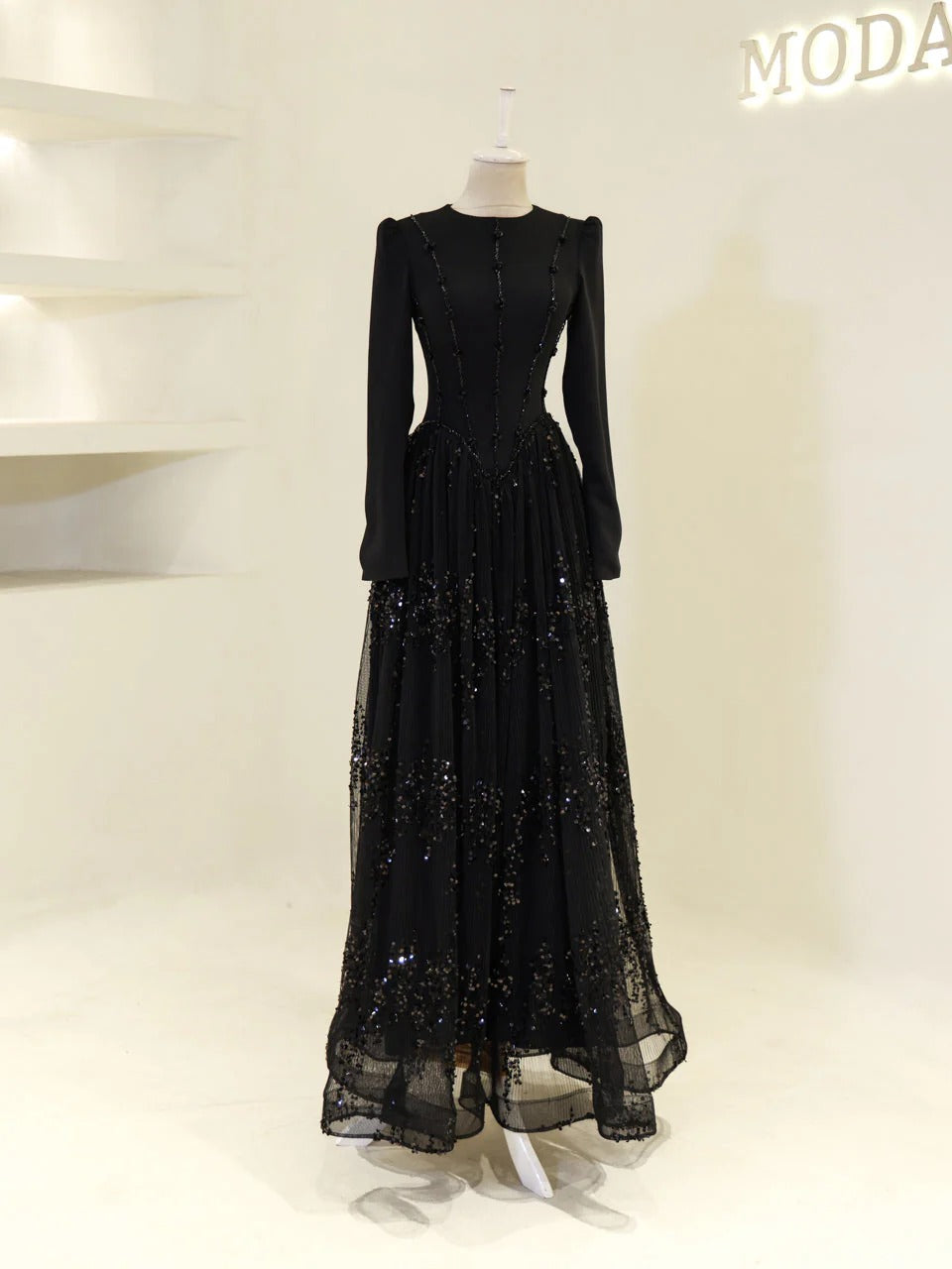 Nada Satin and Tulle Modest Evening Dress -Black