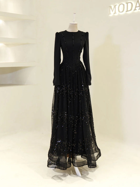 Nada Satin and Tulle Modest Evening Dress -Black
