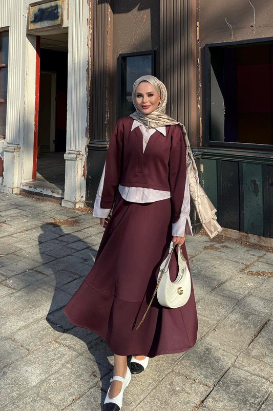 Striped Shirt Detailed Scuba Skirt Set - Burgundy