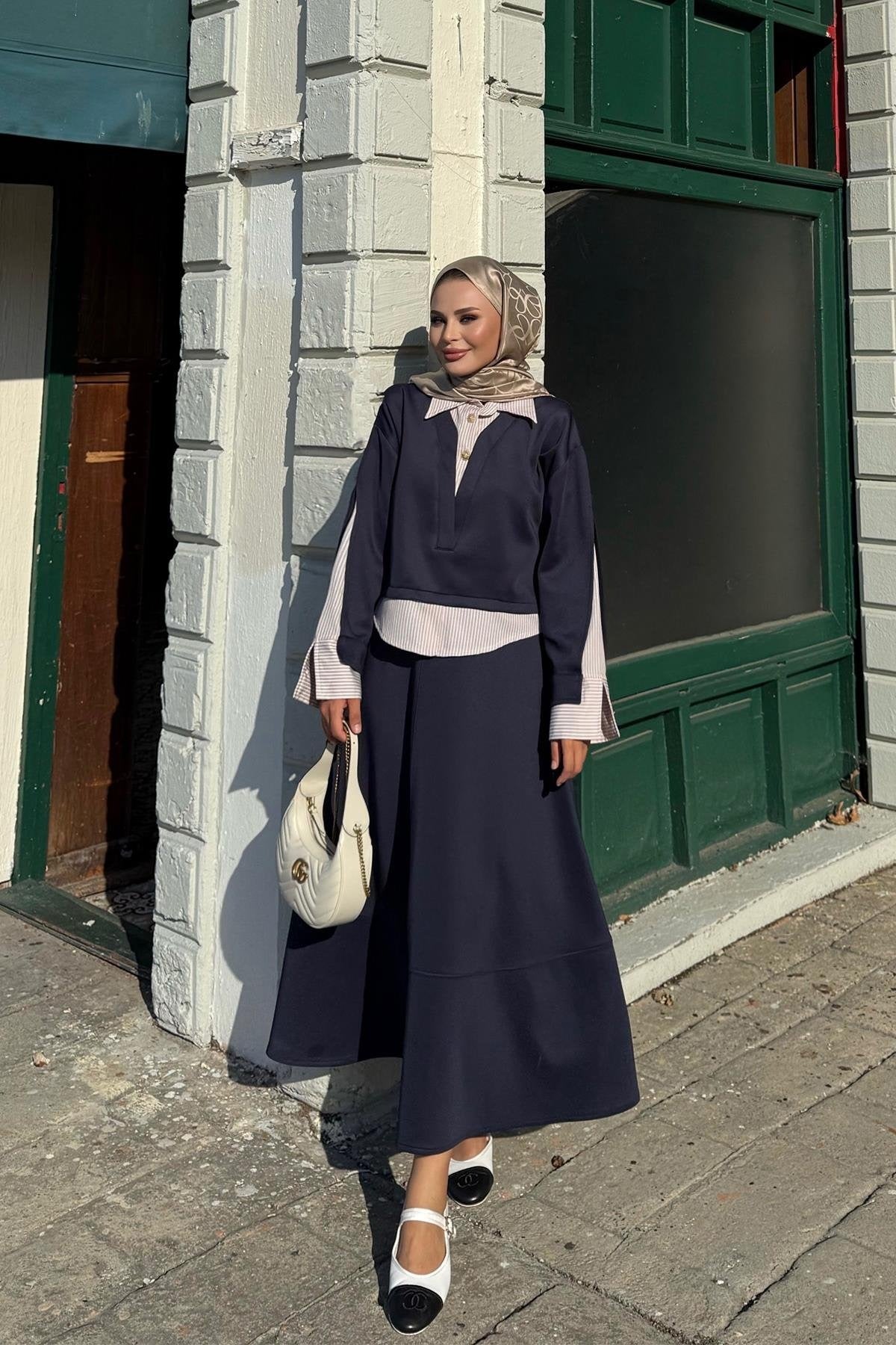 Striped Shirt Detailed Scuba Skirt Set - Navy Blue