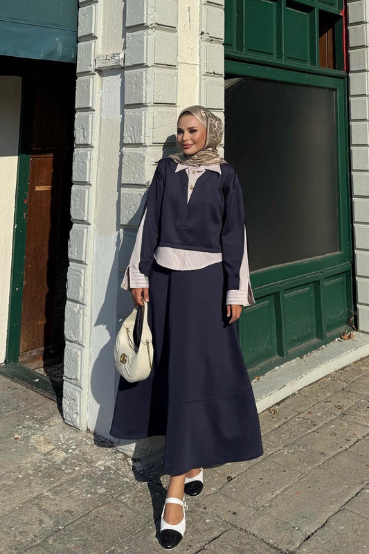Striped Shirt Detailed Scuba Skirt Set - Navy Blue
