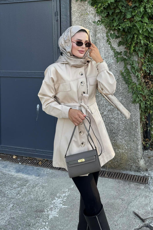 Beige Jacket with Tailored Waist & Stitch Detail