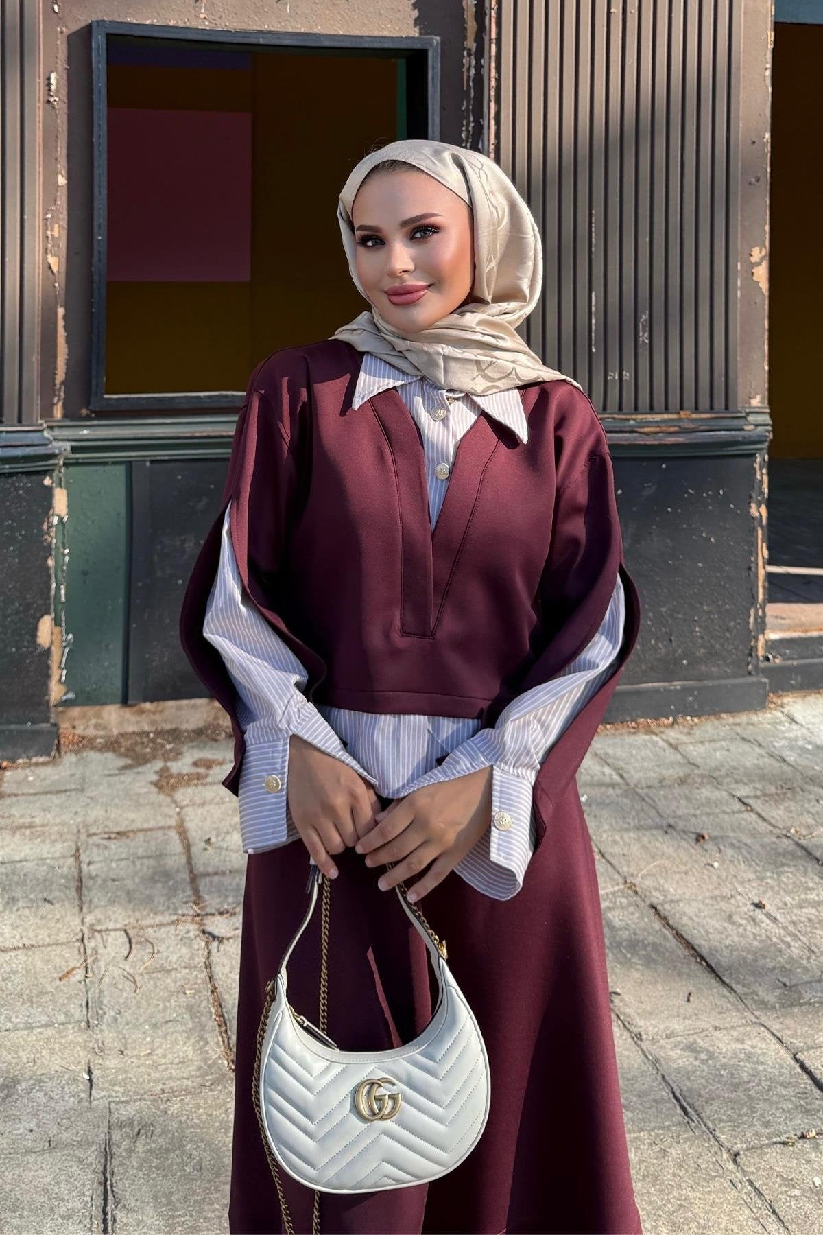 Striped Shirt Detailed Scuba Skirt Set - Burgundy