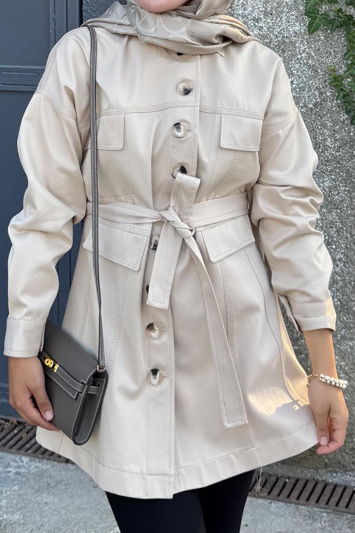Beige Jacket with Tailored Waist & Stitch Detail