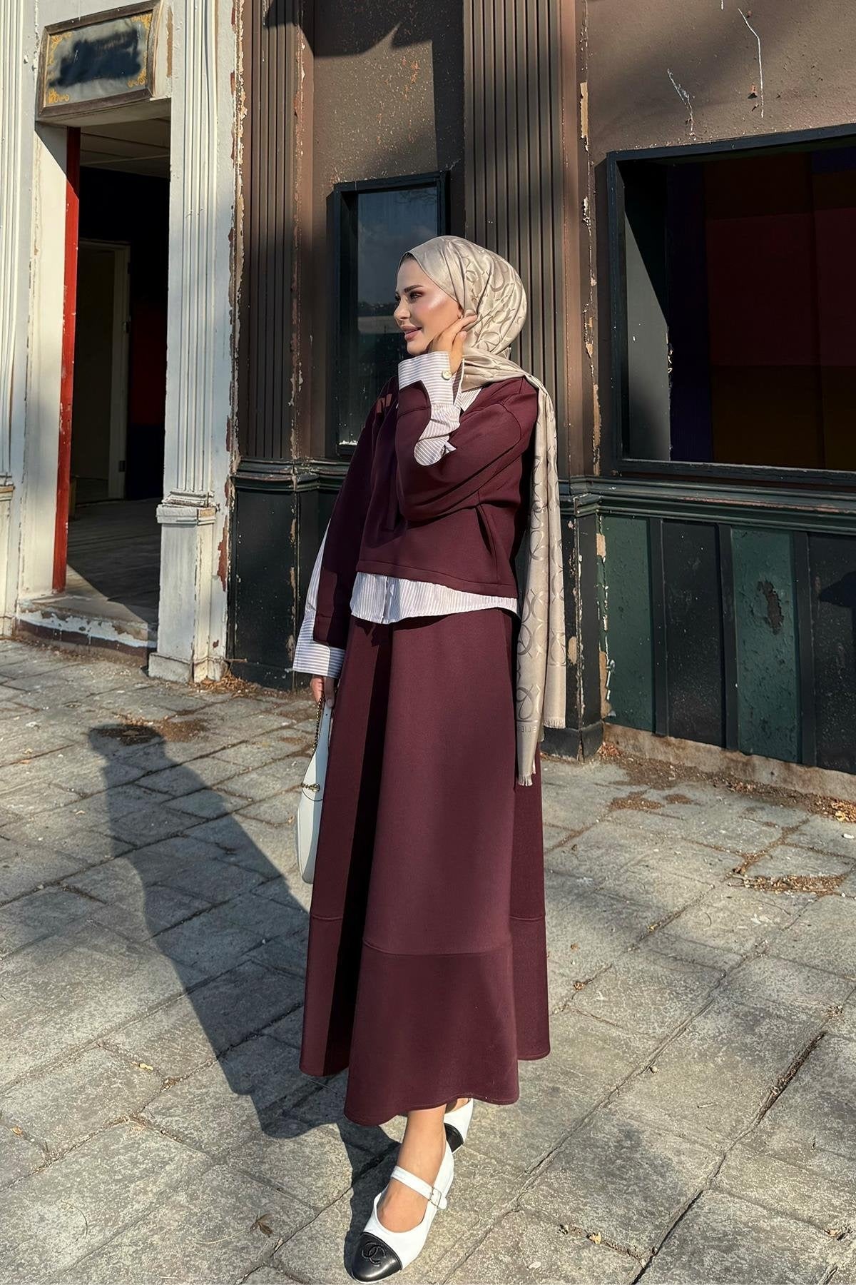 Striped Shirt Detailed Scuba Skirt Set - Burgundy