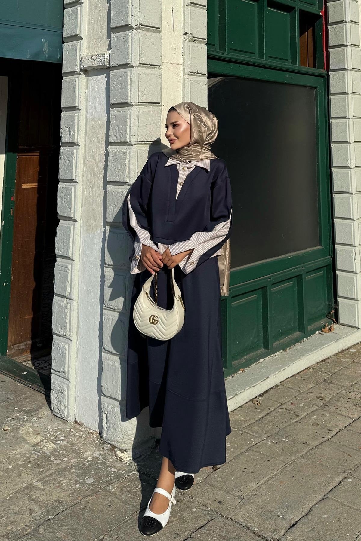 Striped Shirt Detailed Scuba Skirt Set - Navy Blue