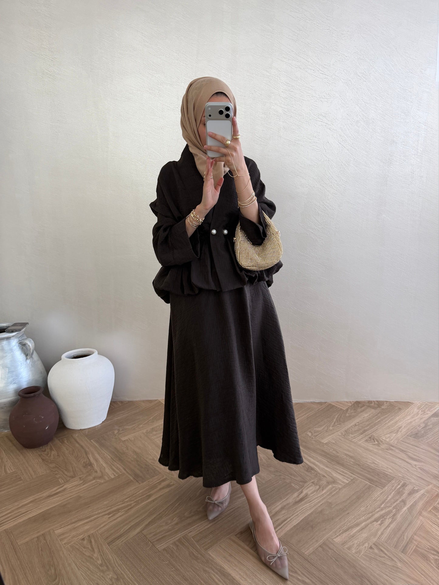 Brown Pearl-Button Vual Co-ord Set — Modest Blouse & Maxi Skirt