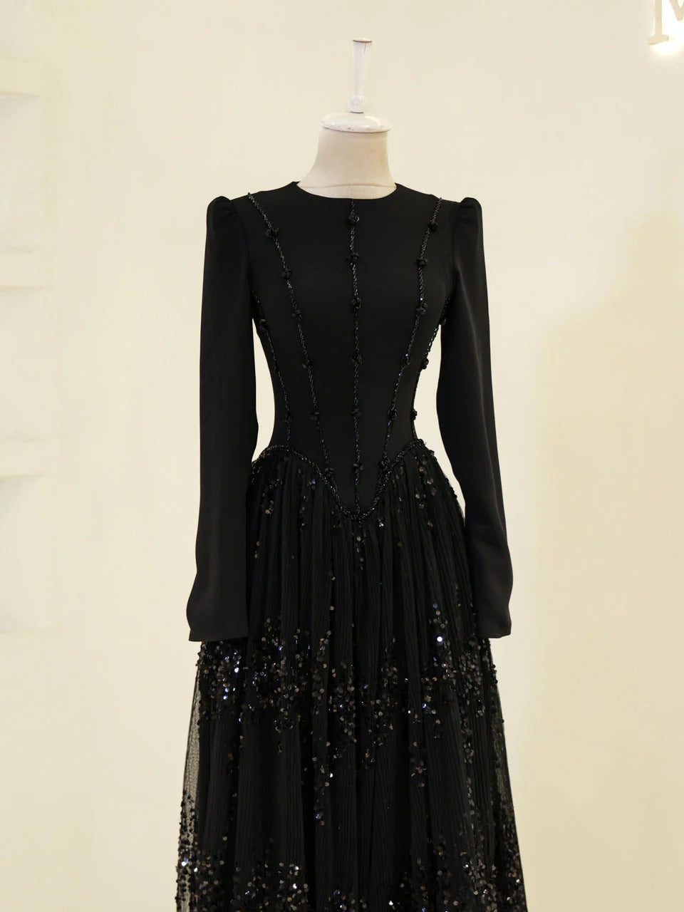 Nada Satin and Tulle Modest Evening Dress -Black