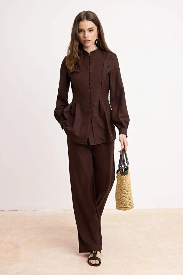 Brown Linen-Look Mandarin Blouse & Wide-Leg Trouser Co-ord Set