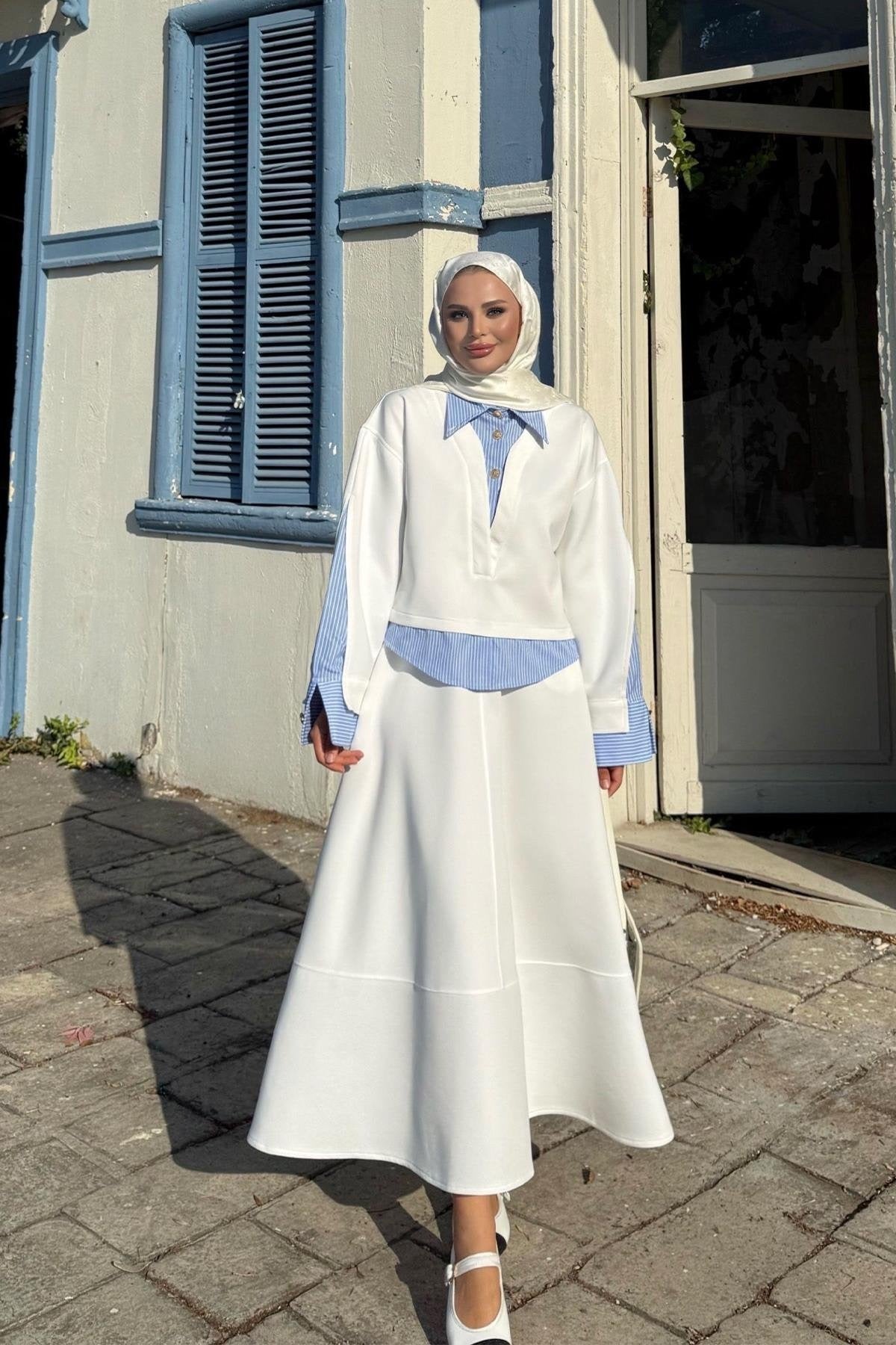 Striped Shirt Detailed Scuba Skirt Set - White