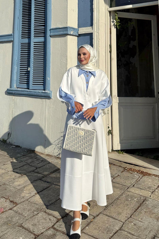 Striped Shirt Detailed Scuba Skirt Set - White
