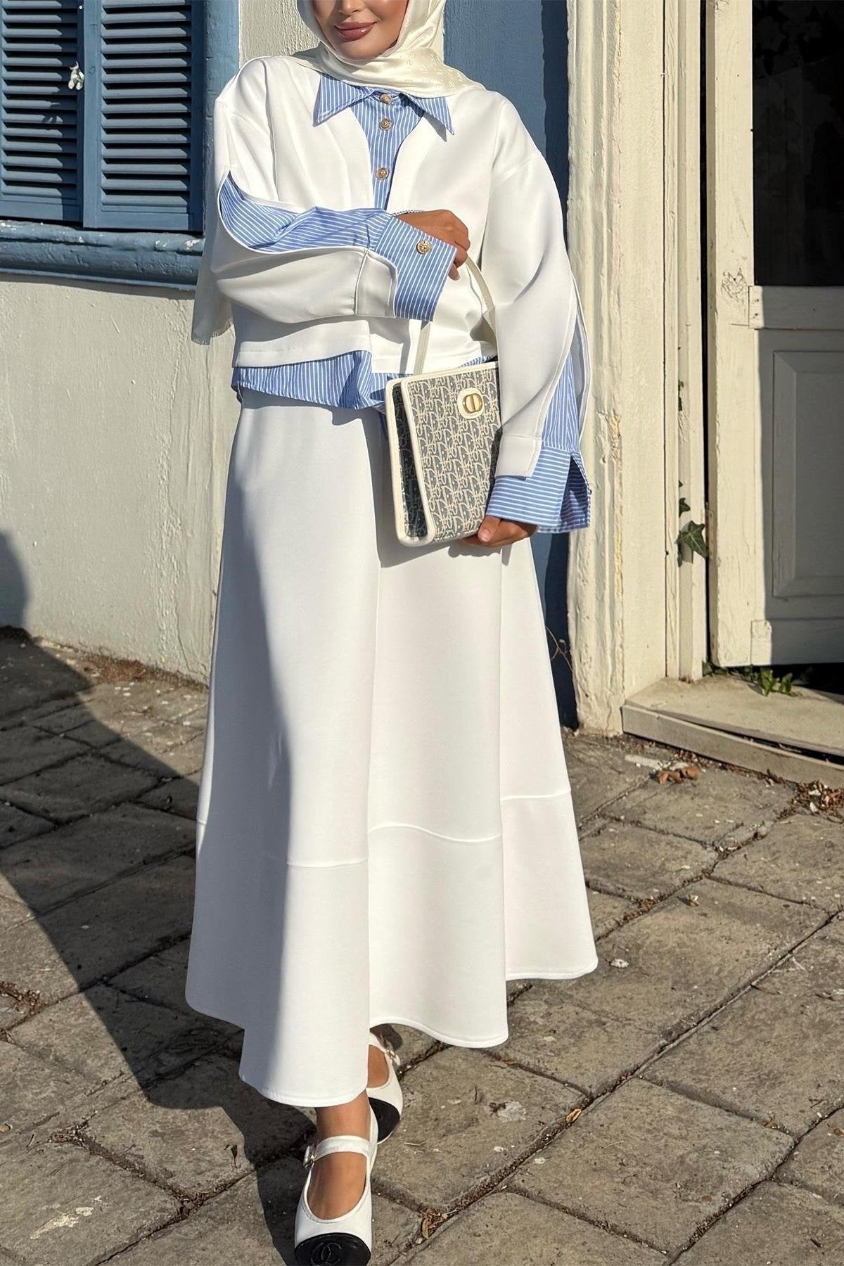 Striped Shirt Detailed Scuba Skirt Set - White