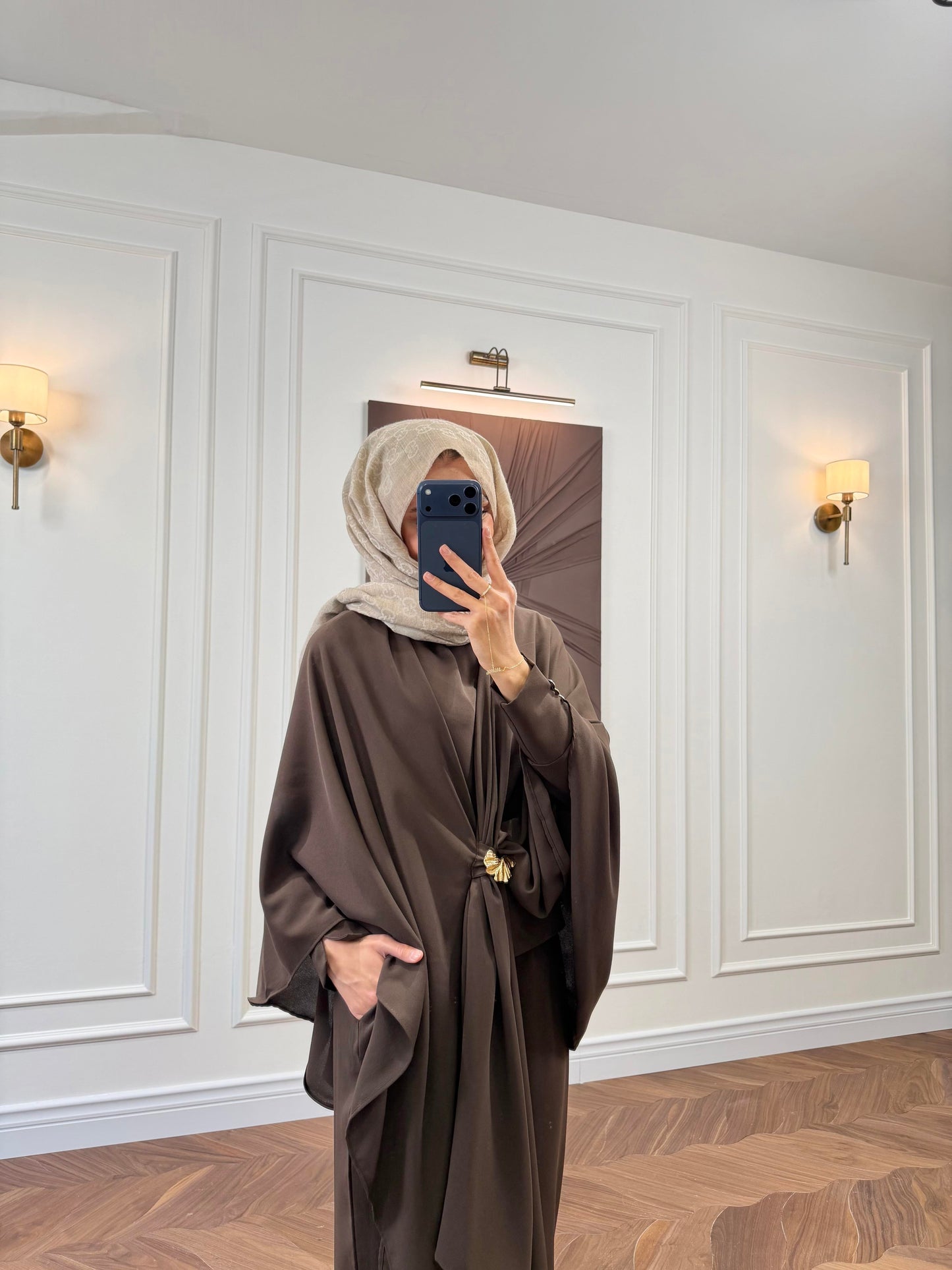 Brown Cape-Sleeve Co-ord Set with Gold Brooch Detail