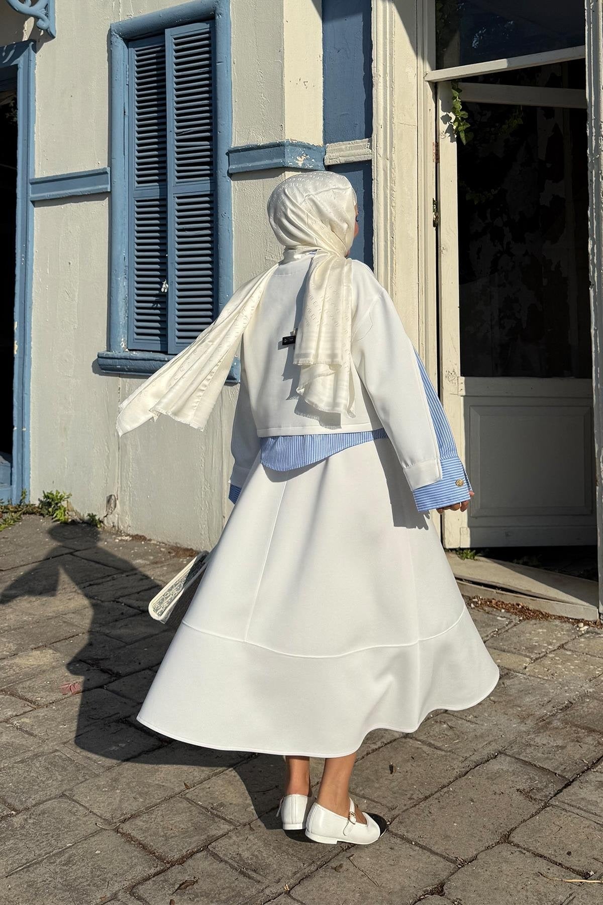 Striped Shirt Detailed Scuba Skirt Set - White