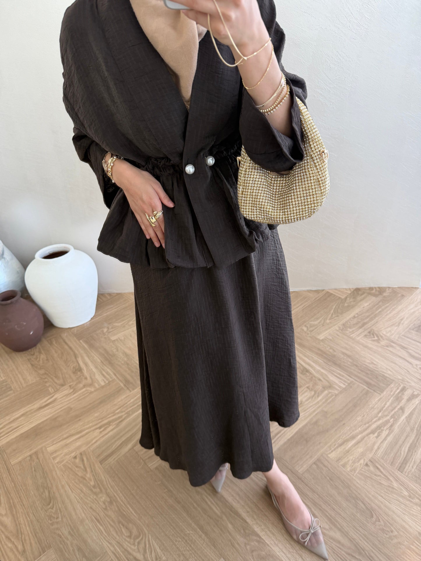 Brown Pearl-Button Vual Co-ord Set — Modest Blouse & Maxi Skirt