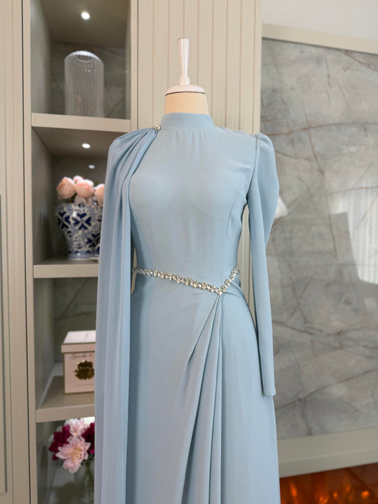 Lucy Baby Blue Pleated Gown | Stone Embellished Cape & Belted Maxi Dress