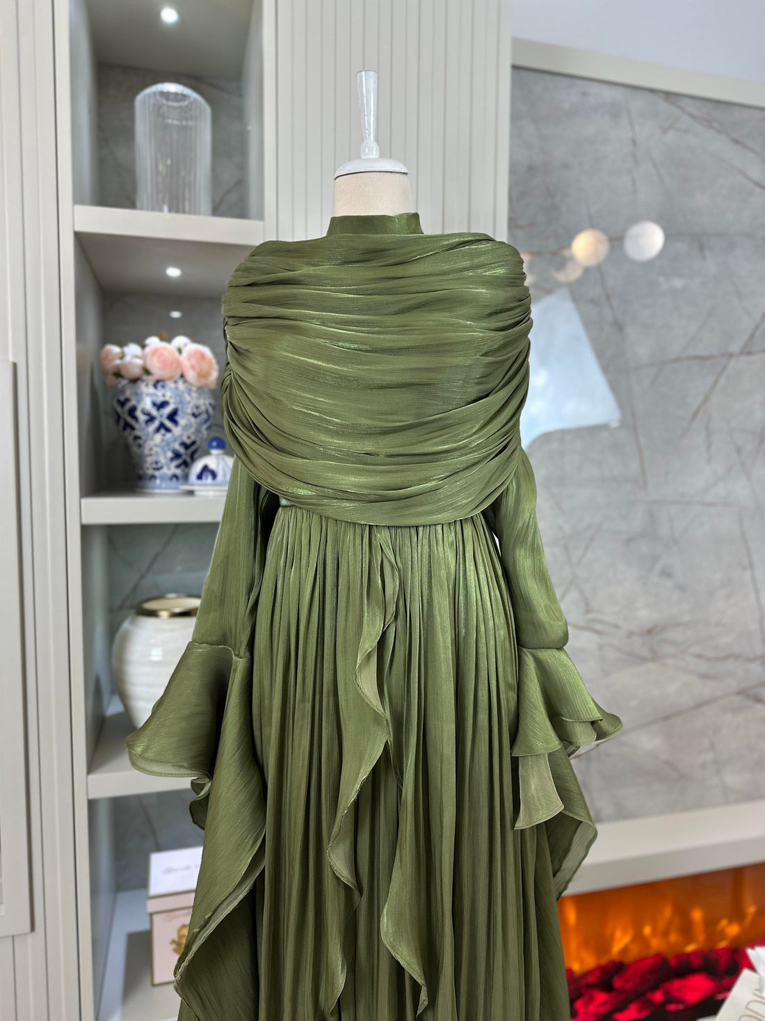 Khaki Chiffon Modest Evening Gown