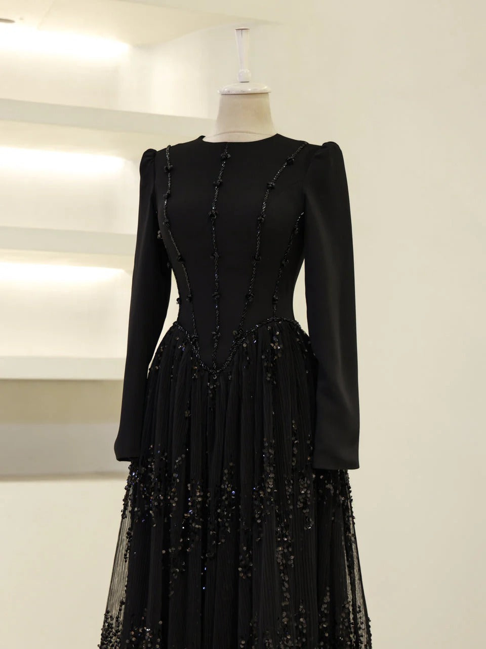 Nada Satin and Tulle Modest Evening Dress -Black