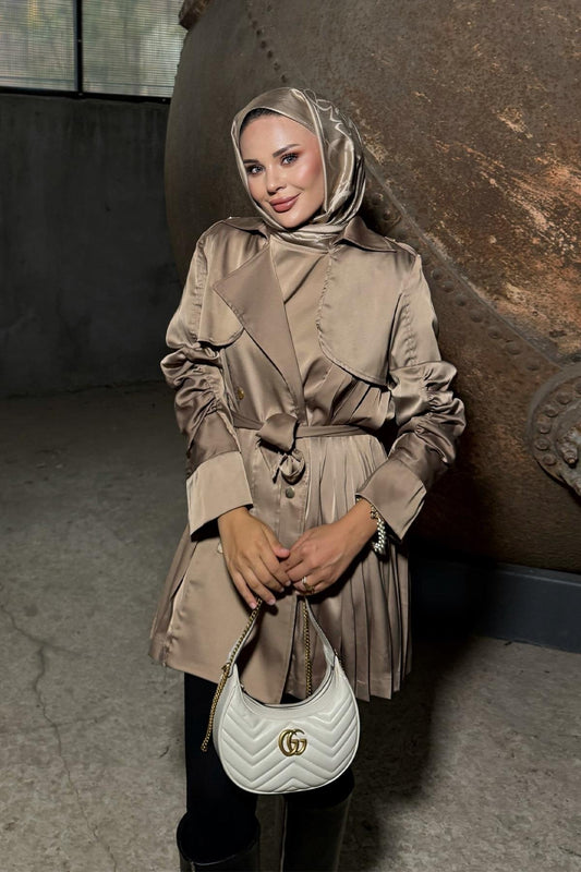 Satin Jacket with Ruched Sleeves and Back Pleats
