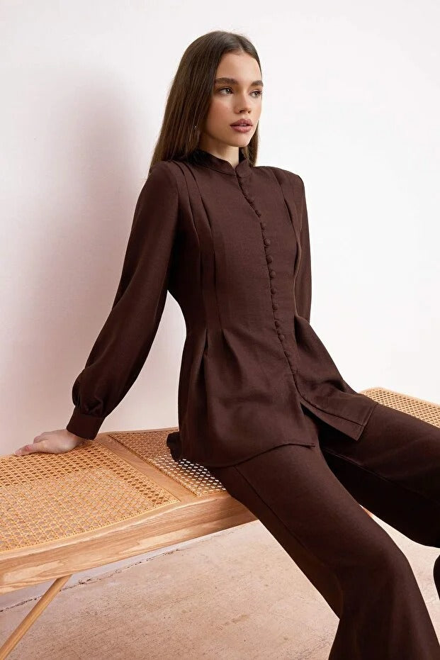 Brown Linen-Look Mandarin Blouse & Wide-Leg Trouser Co-ord Set
