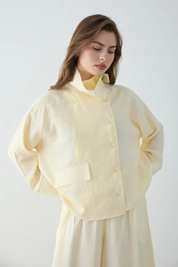 Yellow 100% Cotton Mock-Neck Shirt & Wide-Leg Pants Co-ord Set